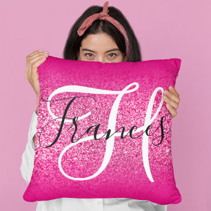 Faux Hot Pink Glitter Ombre Monogrammed Kussen