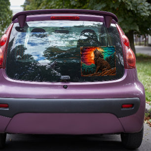 Faux Hout Carving Wolf Howling Mountain Forest Raamsticker