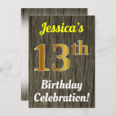 Faux hout, Faux goud 13e verjaardag viering Kaart (Voorkant / Achterkant)