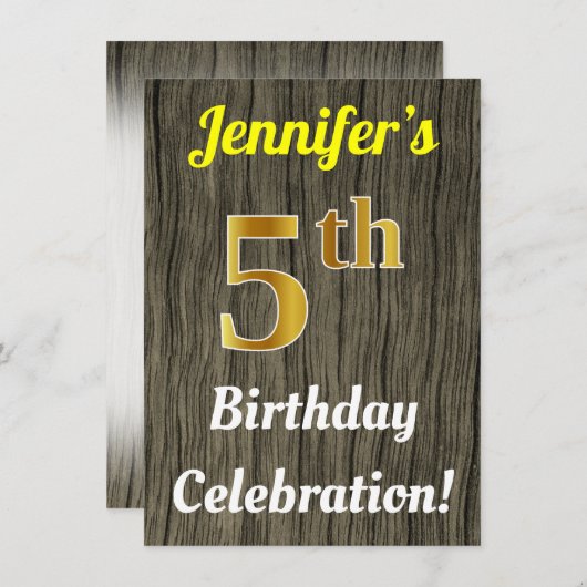 Faux hout, Faux goud 5e verjaardag viering Kaart (Voorkant / Achterkant)