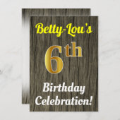 Faux hout, Faux goud 6e verjaardag viering Kaart (Voorkant / Achterkant)