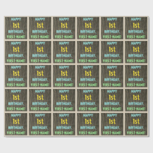 Faux-hout, gekleurde tekst, eerste verjaardag + na cadeaupapier