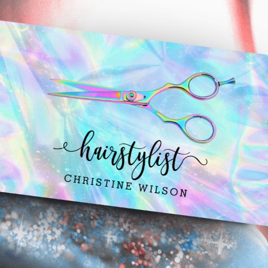 faux iridescent effect hairstylist scissers visitekaartje