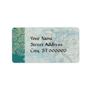 faux kant blauwgroen en crème floral damask patroo etiket
