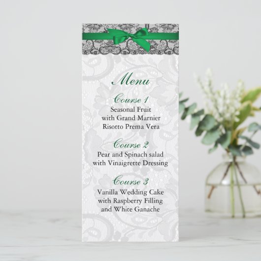 Faux kant en lint emerald green bruiloft Menu (Staand voorkant)