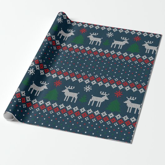 Faux Knitting Pattern kerstboom en Deer Cadeaupapier (Uitgerold)