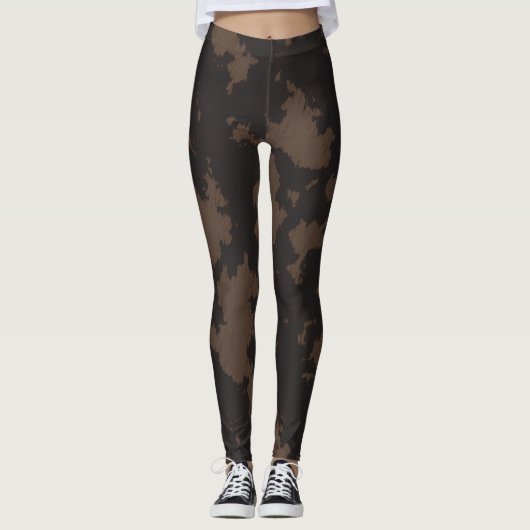 Faux Koe Print, donkerbruin en bruin Leggings (Voorkant)