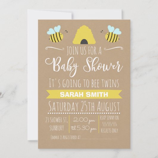 Faux Kraft Twins Busy Bee baby shower Invitation (Devant)