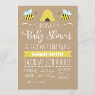 Faux Kraft Twins Busy Bee baby shower Invitation Kaart