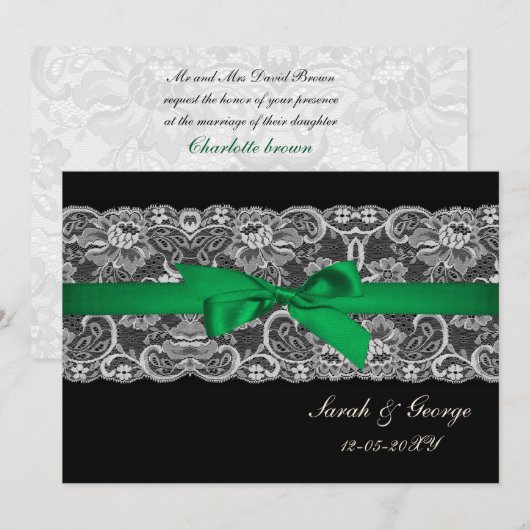 Faux lace ribbon emerald green bruiloft uitnodigt kaart (Voorkant / Achterkant)