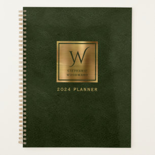 Faux Leather Look Donkergroen Goud Monogram 2024 Planner