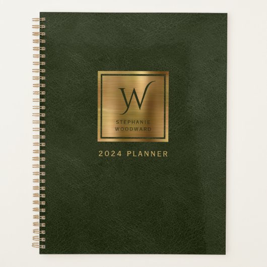 Faux Leather Look Donkergroen Goud Monogram 2024 Planner (Voorkant)