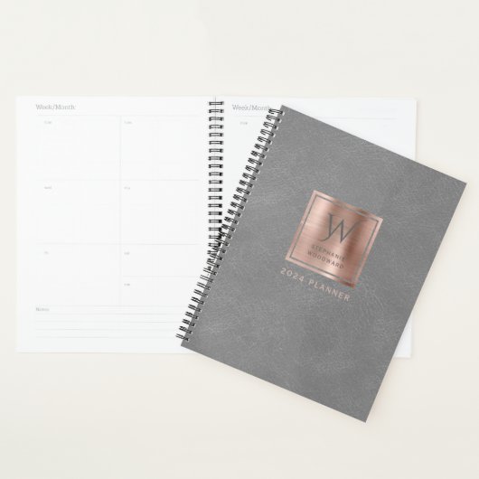 Faux Leather Look Grey Roos Gold Monogram 2024 Planner (Display)