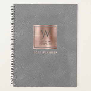 Faux Leather Look Grey Roos Gold Monogram 2024 Planner