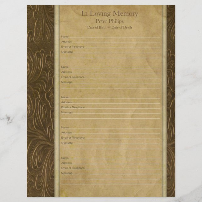 Faux leder parchment Memorial book Filler page (Voorkant)
