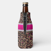 Faux Leopard Hot Pink Roos Gold Foil en Diamonds Flesjeskoeler (Fles Achterkant)