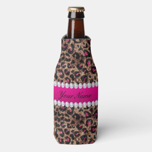 Faux Leopard Hot Pink Roos Gold Foil en Diamonds Flesjeskoeler (Fles Voorkant)