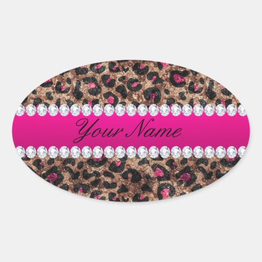 Faux Leopard Hot Pink Roos Gold Foil en Diamonds Ovale Sticker (Voorkant)