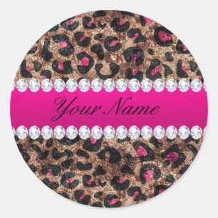 Faux Leopard Hot Pink Roos Gold Foil en Diamonds Ronde Sticker