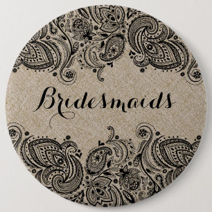 Faux Linen Black Paisley Lace Bridesmaids Button