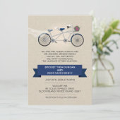 Faux Linen Dark Blue Tandem Bicycle Wedding Kaart (Staand voorkant)
