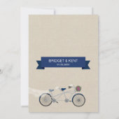 Faux Linen Dark Blue Tandem Bicycle Wedding Kaart (Achterkant)
