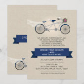 Faux Linen Dark Blue Tandem Bicycle Wedding Kaart (Voorkant / Achterkant)