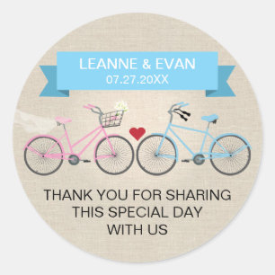 Faux linnen blauwe fiets bruiloft ronde sticker