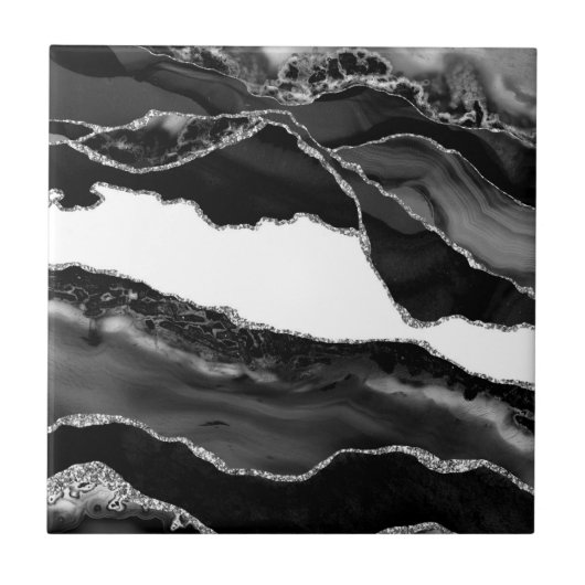 Faux Marbling Agate Black White Trendy Modern Ston Tegeltje (Voorkant)