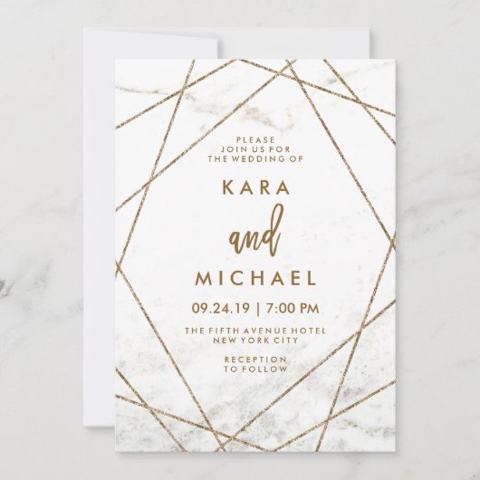 Faux Marbre et Cuivre Invitation de mariage géomét (Devant)