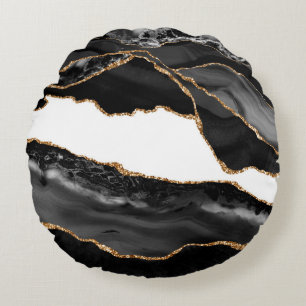Faux Marked Agate Black Stone Luxury Gold Rond Kussen