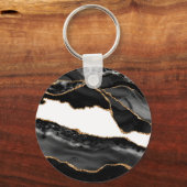 Faux Marked Agate Black Stone Luxury Gold Sleutelhanger (Voorkant)