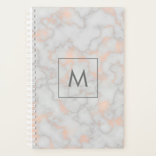 Faux Marmer en Roos Gold Texture Monogrammen Planner (Voorkant)