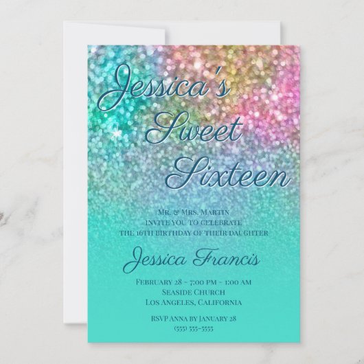 Faux Mermaid Glitter Turquoise Ombre Sweet Sixteen Kaart (Voorkant)
