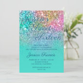 Faux Mermaid Glitter Turquoise Ombre Sweet Sixteen Kaart (Staand voorkant)