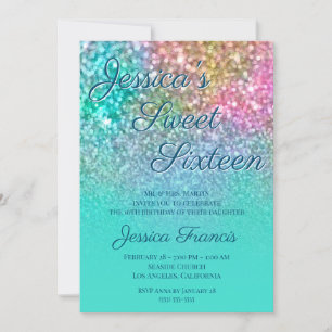 Faux Mermaid Glitter Turquoise Ombre Sweet Sixteen Kaart
