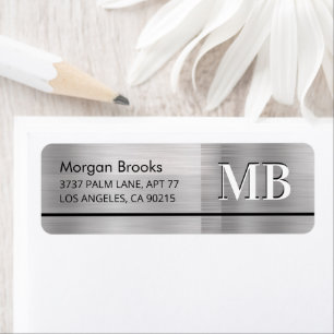 Faux Metallic Silver Name Address & Large Monogram Etiket
