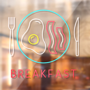 Faux Neon Breakfast Sign Fried Eggs Bacon op Bord Raamsticker