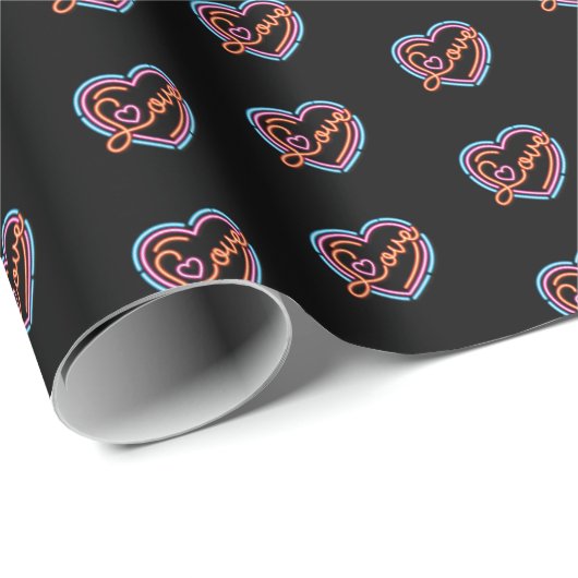 Faux Neon Valentijn Roze Blauw Rode Harten op zwar Cadeaupapier (Rol Hoek)