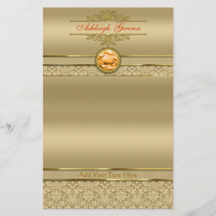 Faux Oranje Topaz Gemstone Metallic Gold Damask Briefpapier