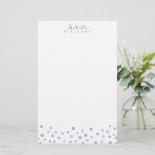 Faux Paarse en Mint Glitter Confetti Stippen Briefpapier (Staand voorkant)