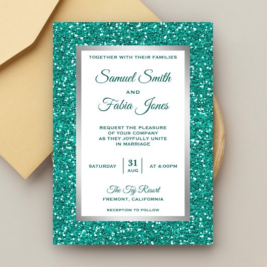 Faux papier d'argent sarcelle pailleté faire-part