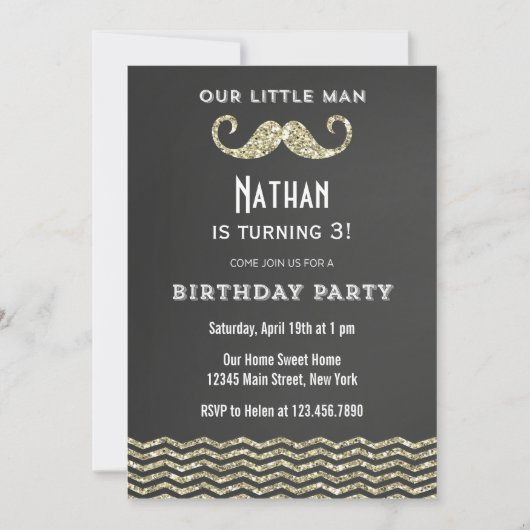 Faux Parties scintillant Mustache Invitation Anniv (Devant)