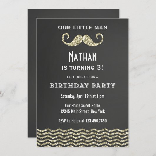 Faux Parties scintillant Mustache Invitation Anniv (Devant / Derrière)