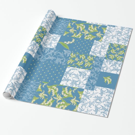 Faux Patchwork Giftwrap: Lily of the Valley, Blue Cadeaupapier (Uitgerold)