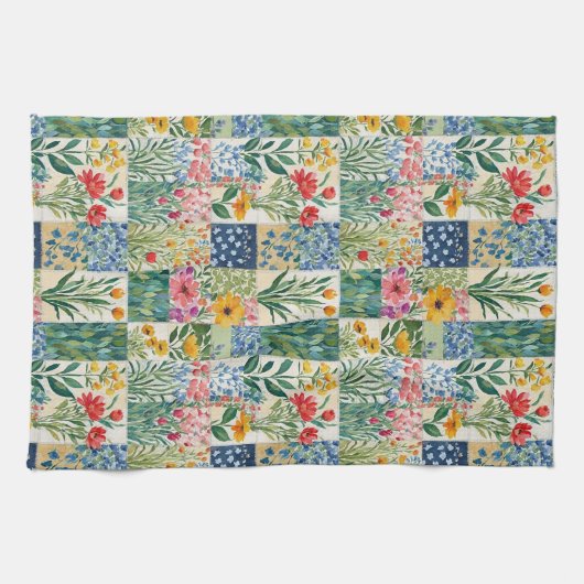 Faux Patchwork Tuin Bloemen Retro Elegant  Theedoek (Horizontaal)