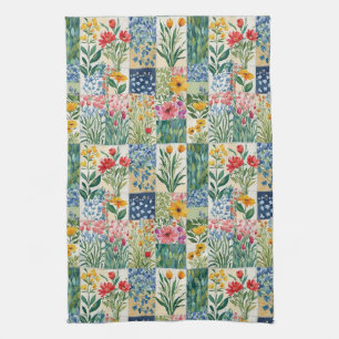 Faux Patchwork Tuin Bloemen Retro Elegant  Theedoek