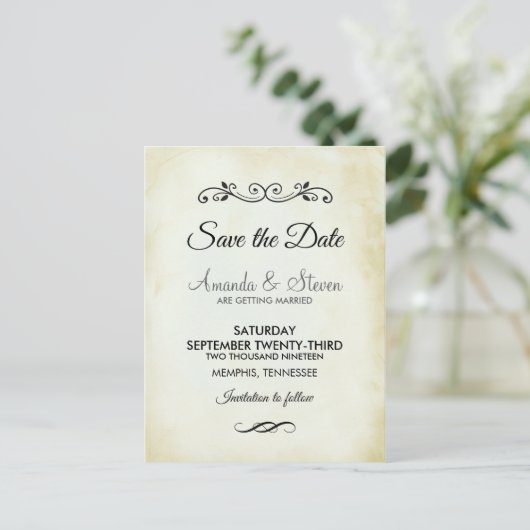 Faux  Perkamentbruiloft Save the Date Briefkaart (Staand voorkant)