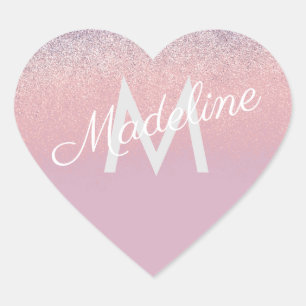 Faux Pink en Paarse Sparkly Glitter Monogrammen Hart Sticker