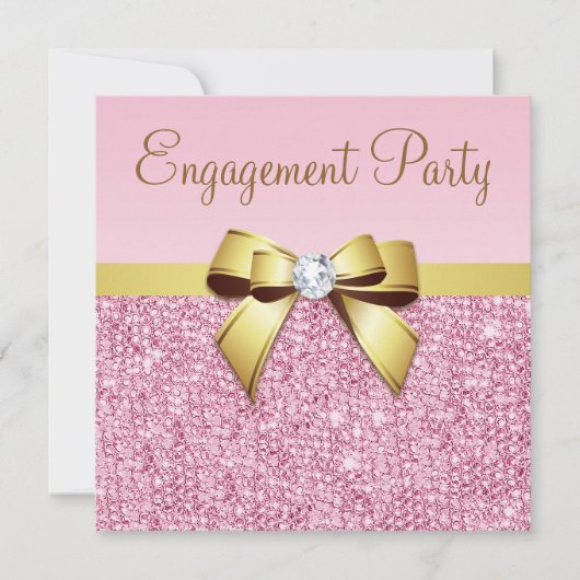 Faux Pink Sequins Gold Bow Engagement Party Kaart (Voorkant)